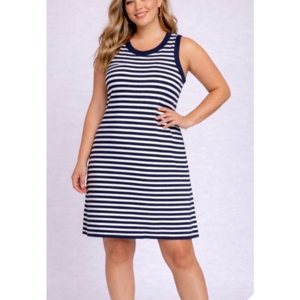 THML Dress Womens Medium Navy White Stripe Sleeveless Shift Casual Knit Nautical